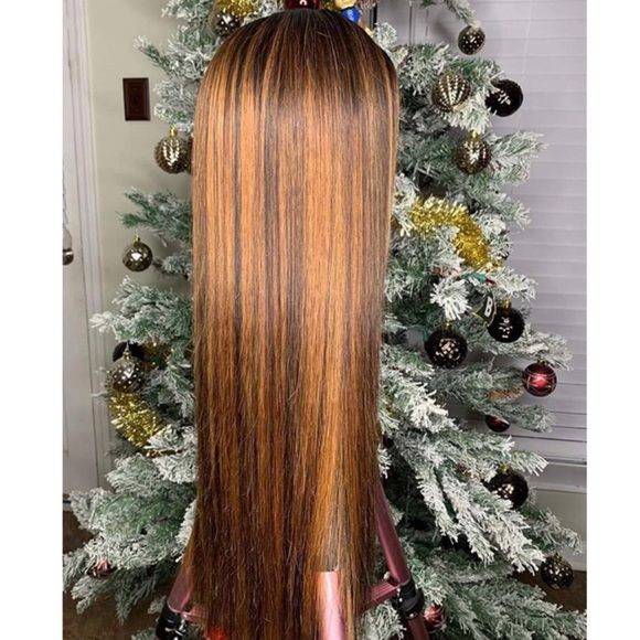 Brown with Honey Blonde Straight Human Hair Wig 28”